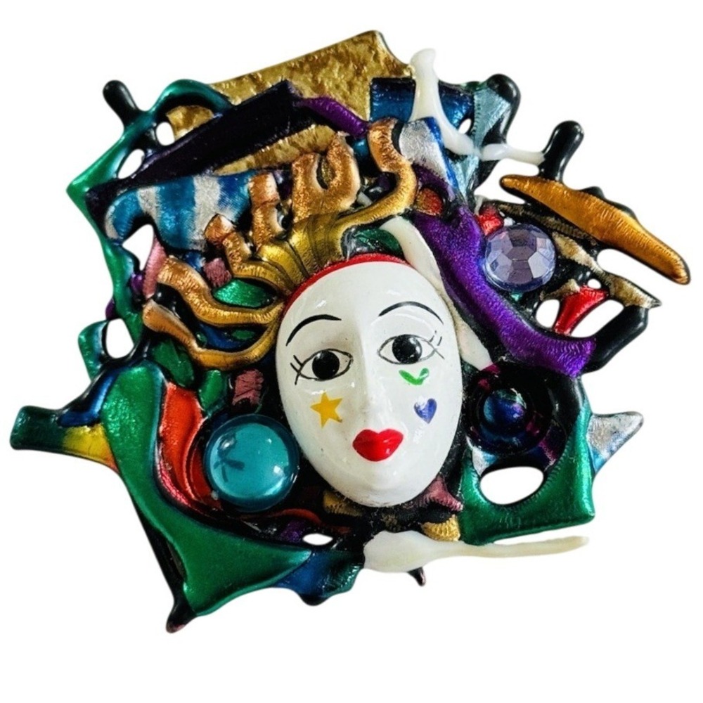 VTG Mardi Gras Mask Brooch Pin Chunky Colorful metallic Statement Retro 90s